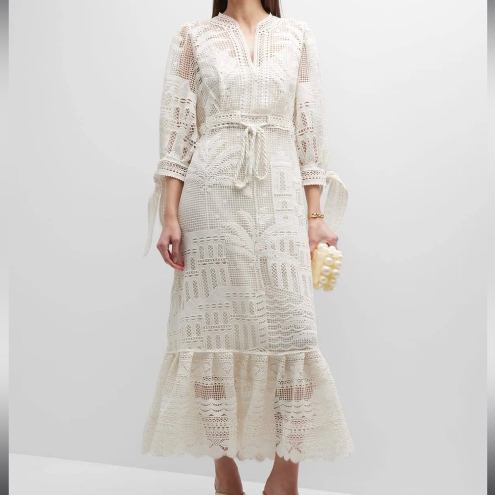 Farm Rio Morada Boa Guipure Lace Maxi Dress in Off-White